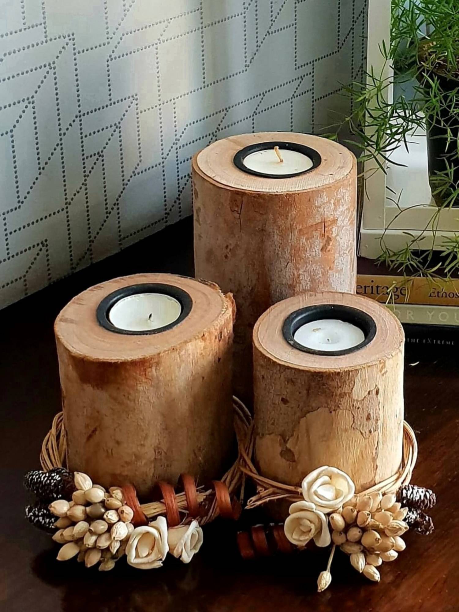 Forestkraft Wood & Floral T-Light Candle Holder - Table Decor & Gift (Pack of 3)