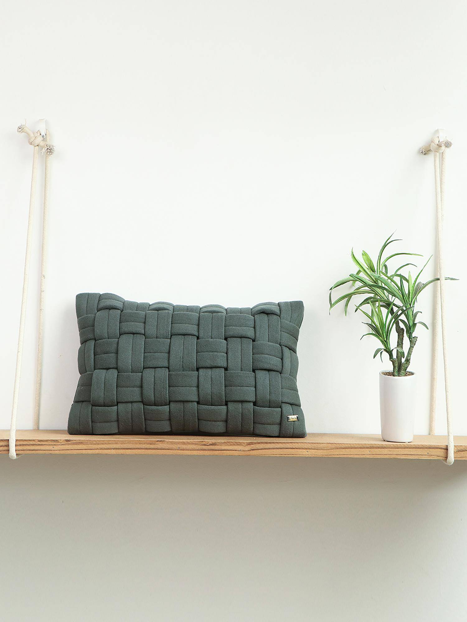 PLUCHI Basket Knit Cotton Knitted Honey Dew Color 12 X 20 Inches Decorative Cushion Cover