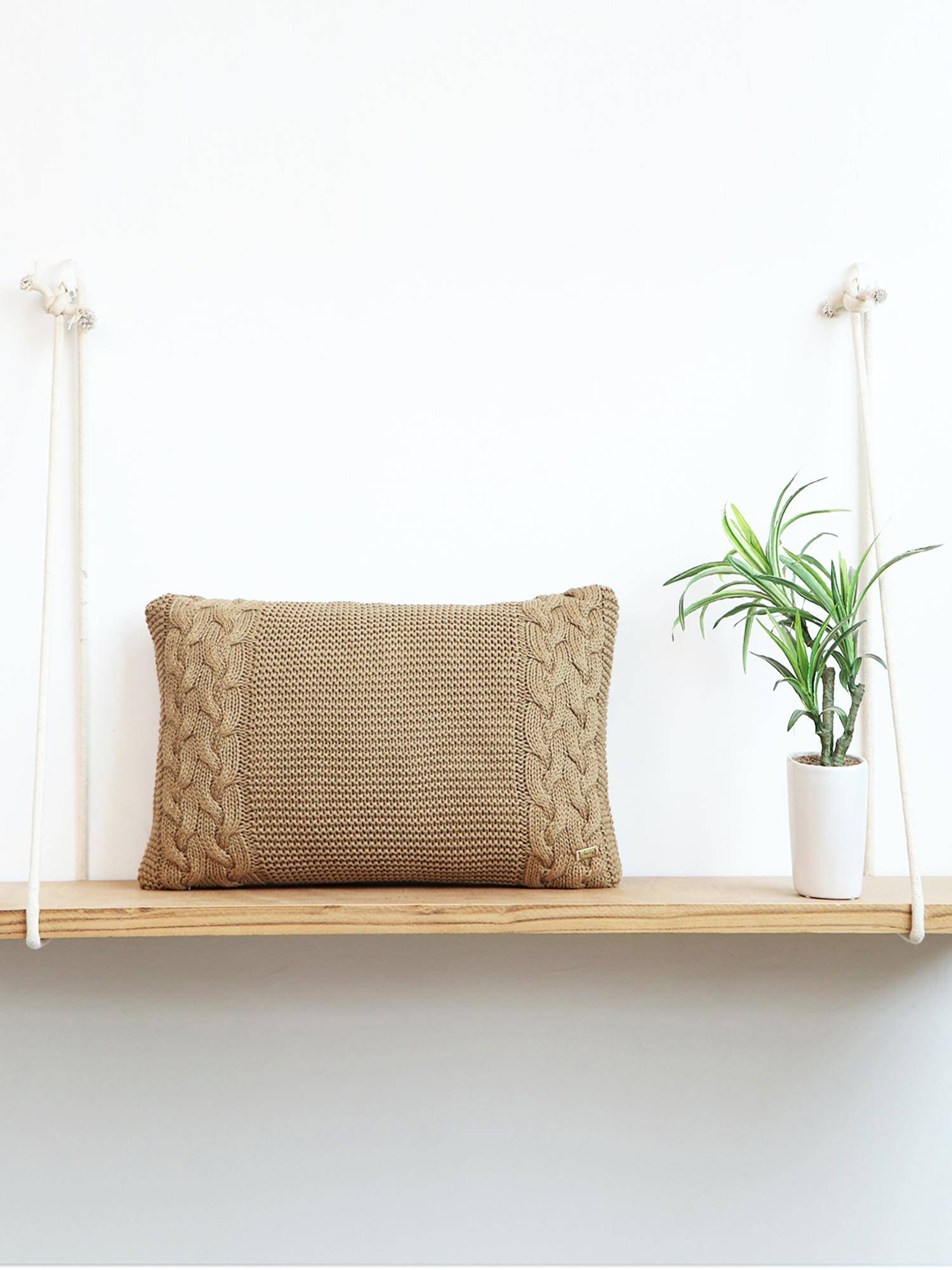 PLUCHI Archer Cotton Knitted Khaki Cream Color 12 X 20 Inches Decorative Cushion Cover