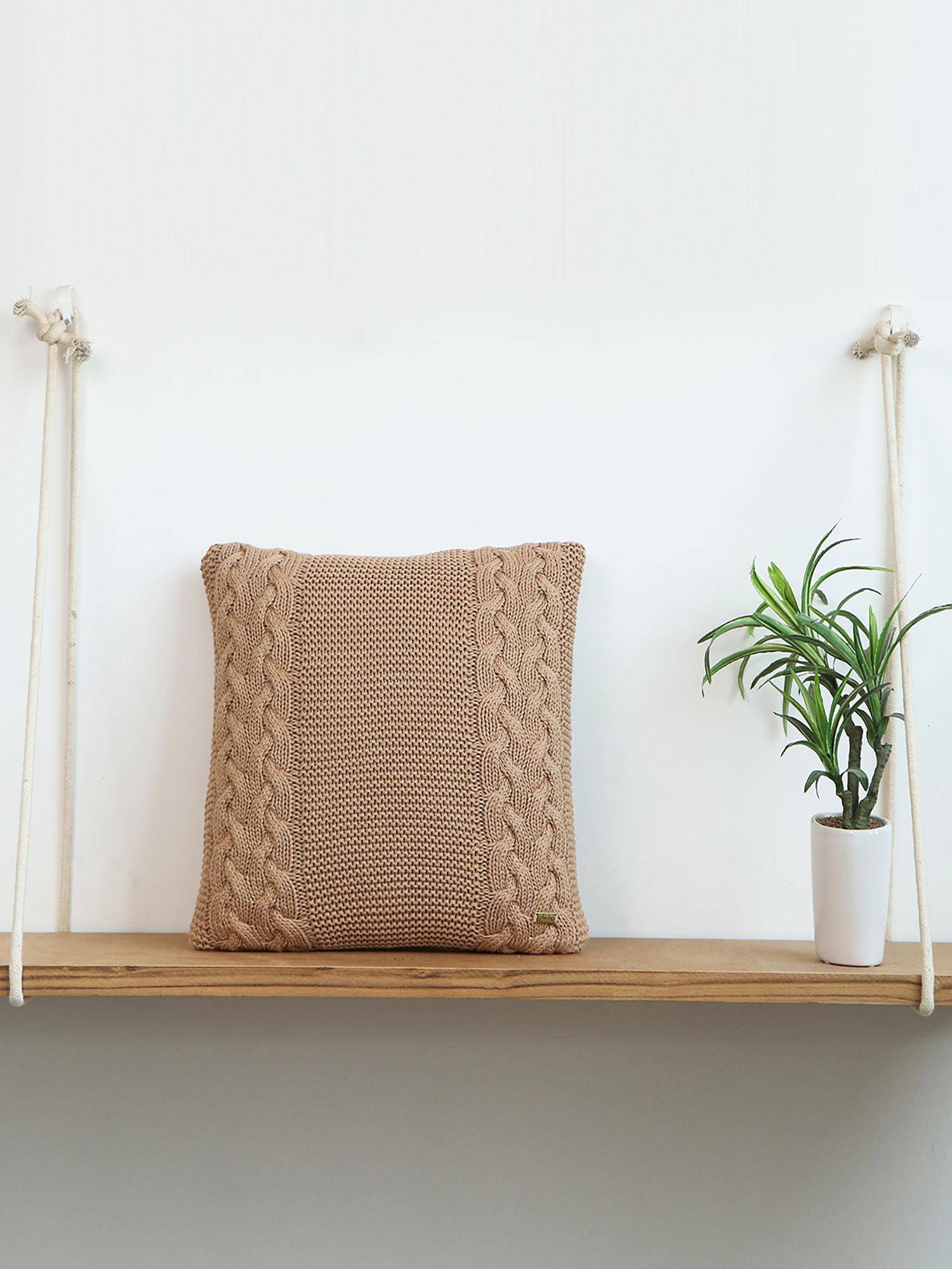 PLUCHI Archer Cotton Knitted Khaki Cream Color 16 X 16 Inches Decorative Cushion Cover