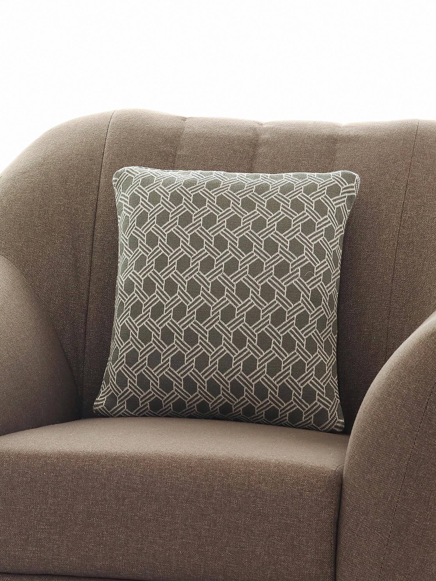PLUCHI Geometric Cotton Knitted Fossil & Natural Color 16 X 16 Inches Decorative Cushion Cover