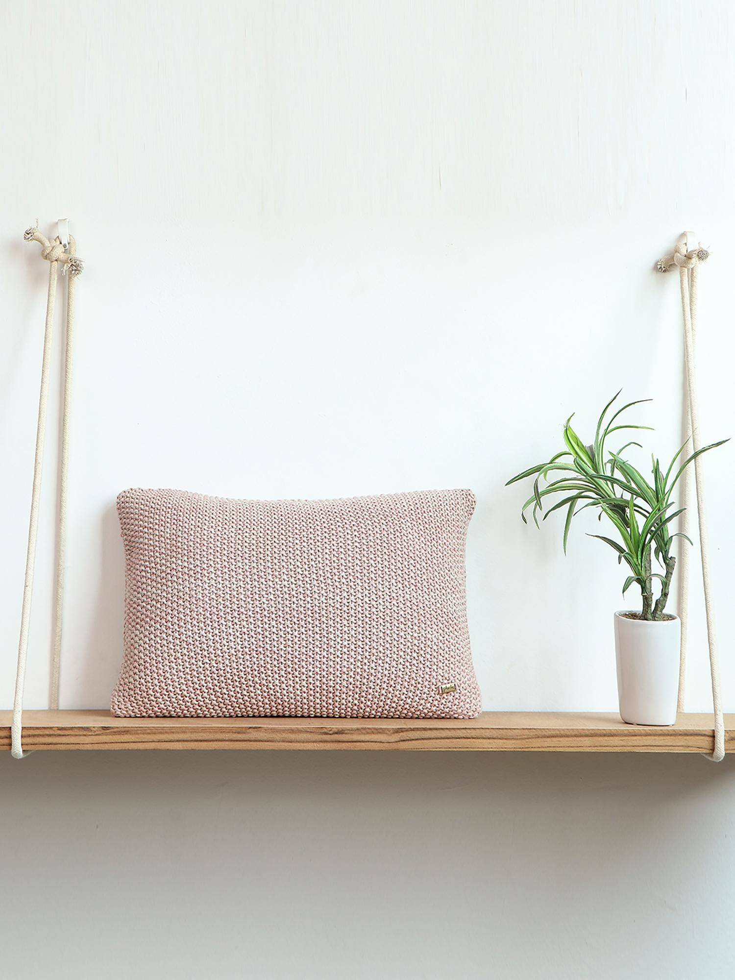 PLUCHI Pale Pink & Beige Melange Cotton Knitted 12 X 20 Inches Decorative Cushion Cover