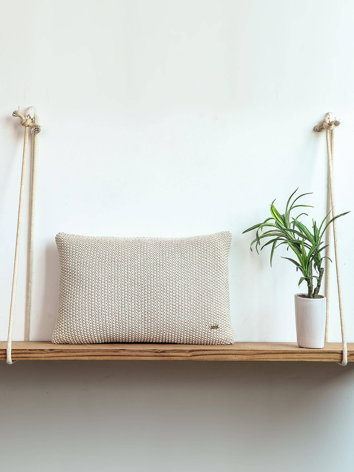 PLUCHI Natural Melange & Pale Whisper Cotton Knitted 12 X 20 Inches Decorative Cushion Cover