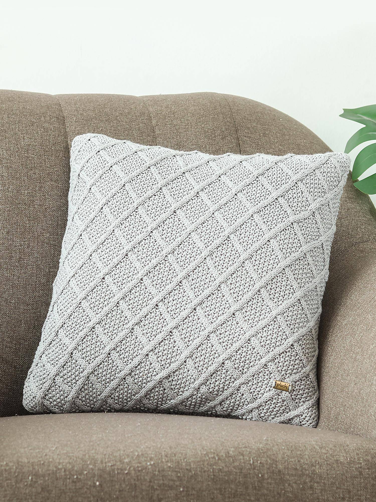 PLUCHI Crest Light Grey Cotton Knitted 16 X 16 Inches Decorative Cushion Cover
