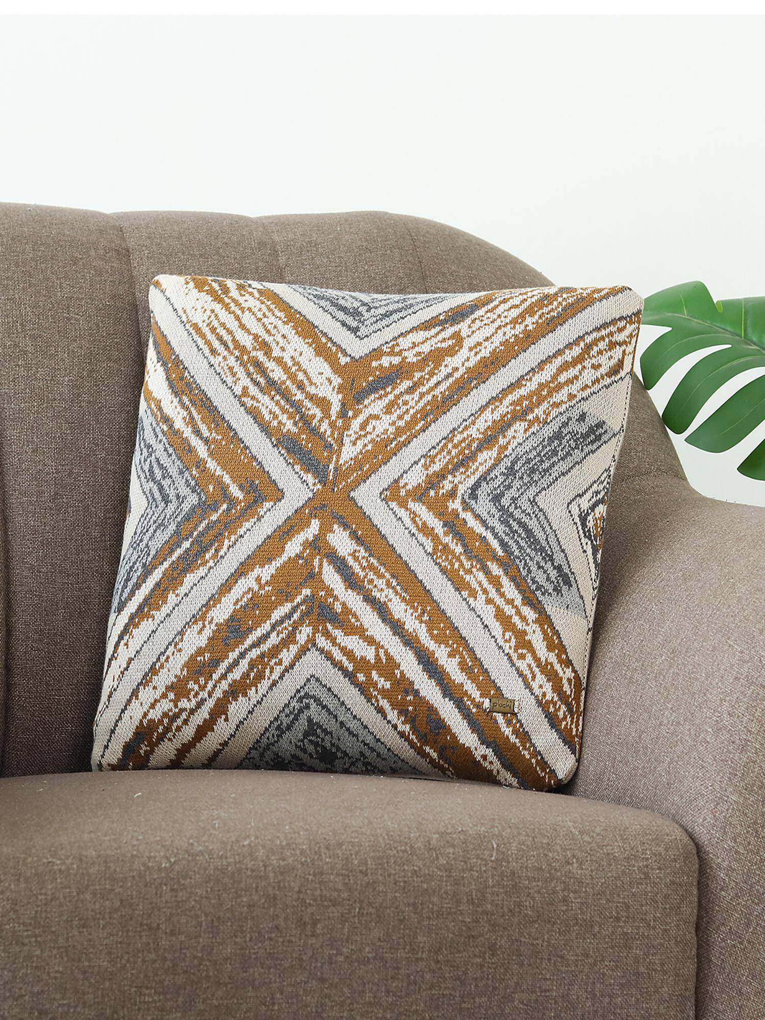 PLUCHI Sabah Olive Grey Melange Cotton Knitted 16 X 16 Inches Decorative Cushion Cover