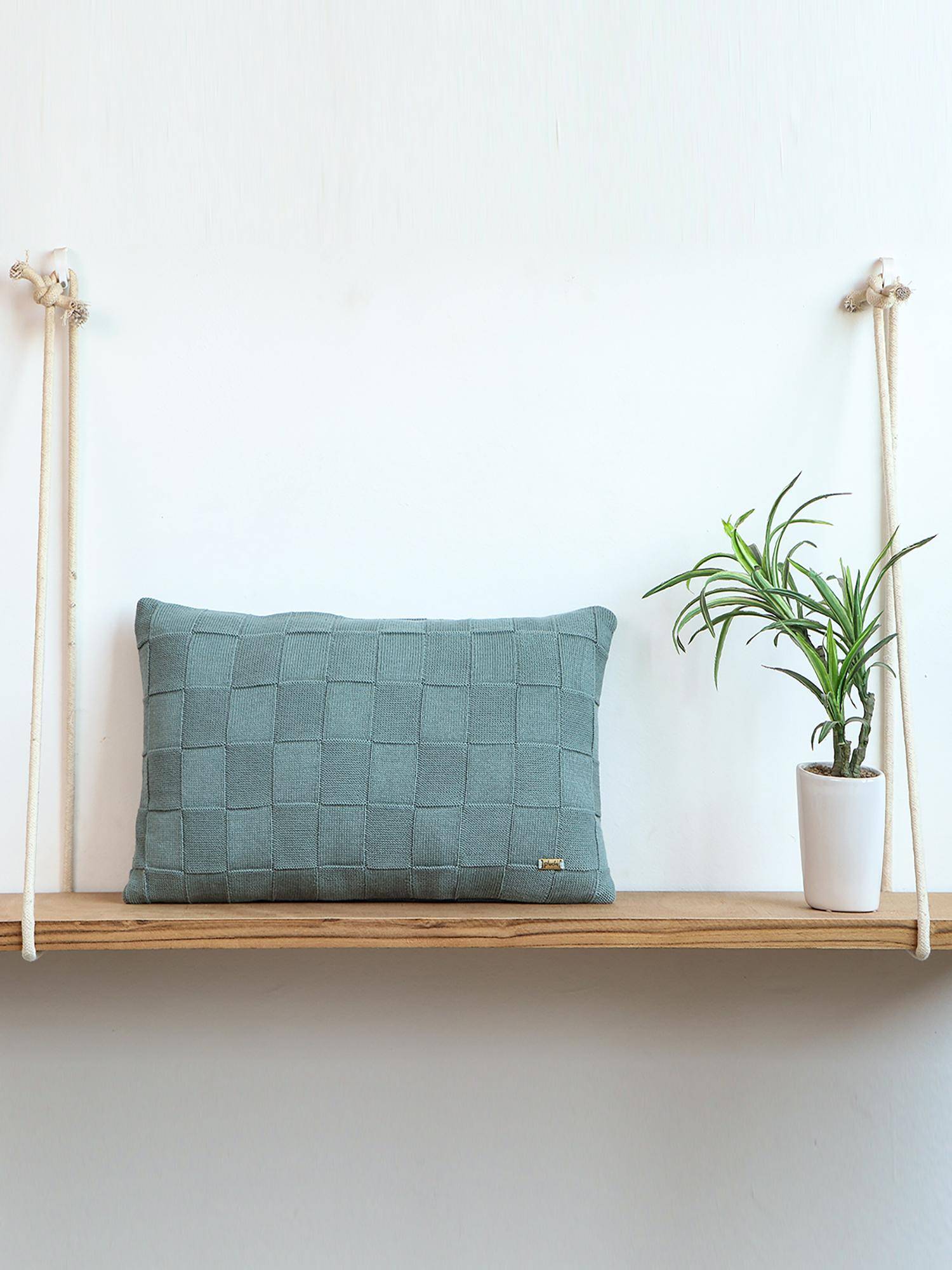 PLUCHI Square Check Cotton Knitted Blue Daisy Color 12 X 20 Inches Decorative Cushion Cover