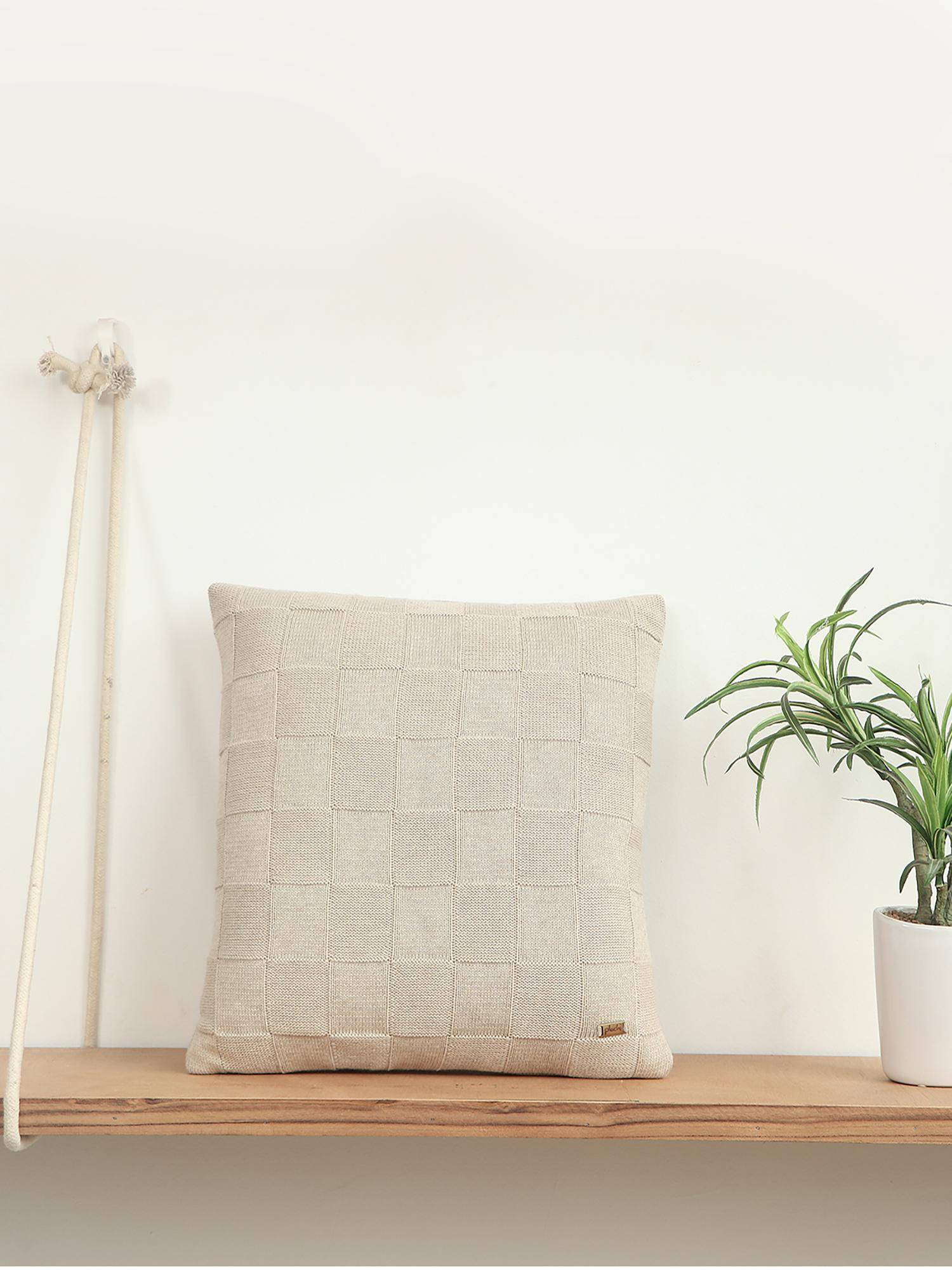 PLUCHI Square Check Cotton Knitted Beige Color 16 X 16 Inches Decorative Cushion Cover