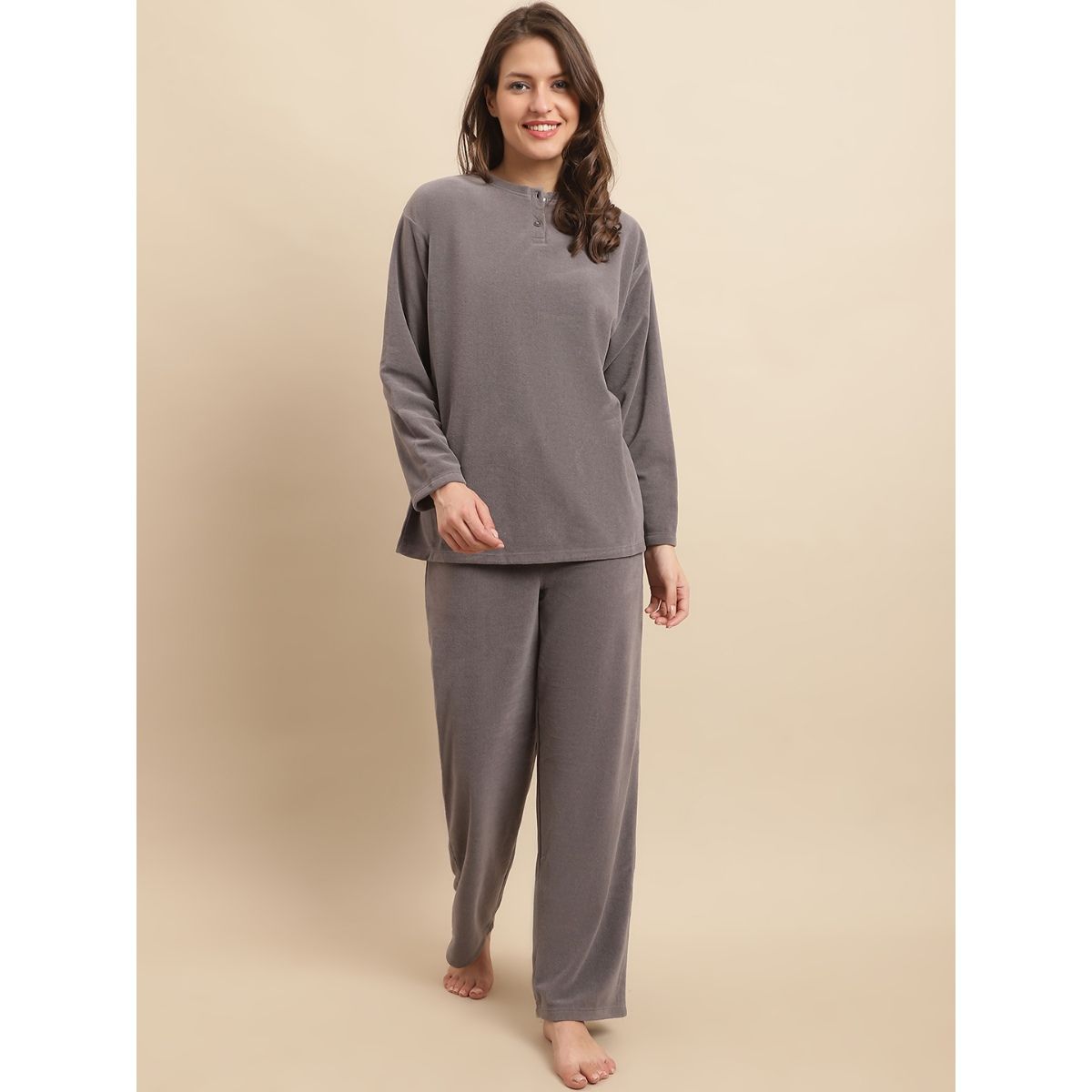 Buy Kanvin Poler Fleece Winter Wear Night Suits Grey Set of 2 Online