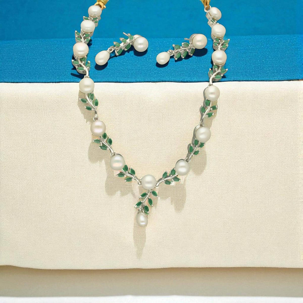 Sri Jagdamba Pearls Green Leafy Blossom Pearl Necklace Set