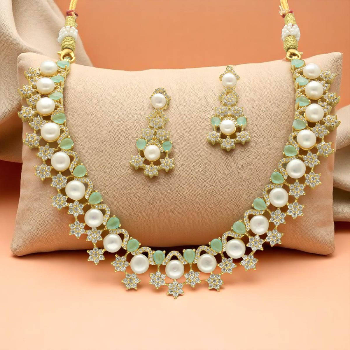 Sri Jagdamba Pearls Green Royal Grandeur Pearl Necklace Set