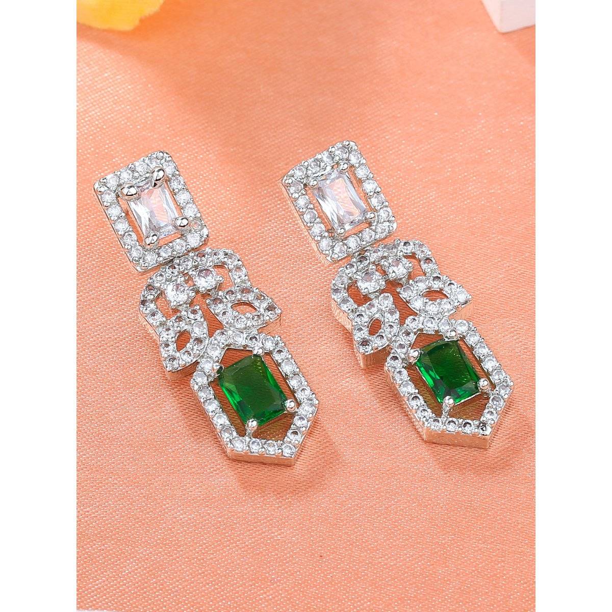 Estele Rhodium Plated CZ Sparkling Designer Earrings with Green Crystals For Girls & Women