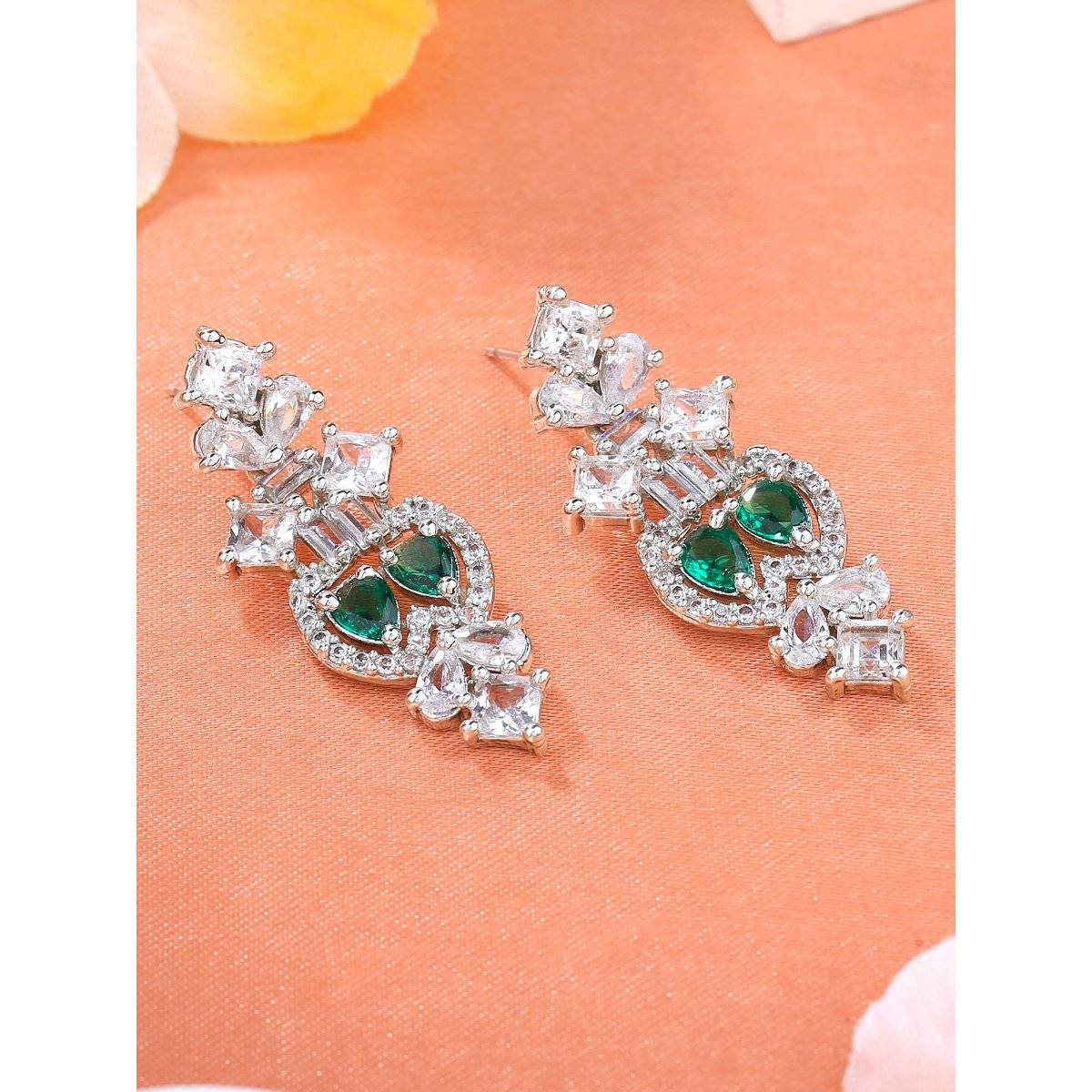 Estele Rhodium Plated CZ Fascinating Drop Earrings with Emerald Crystals For Girls & Women