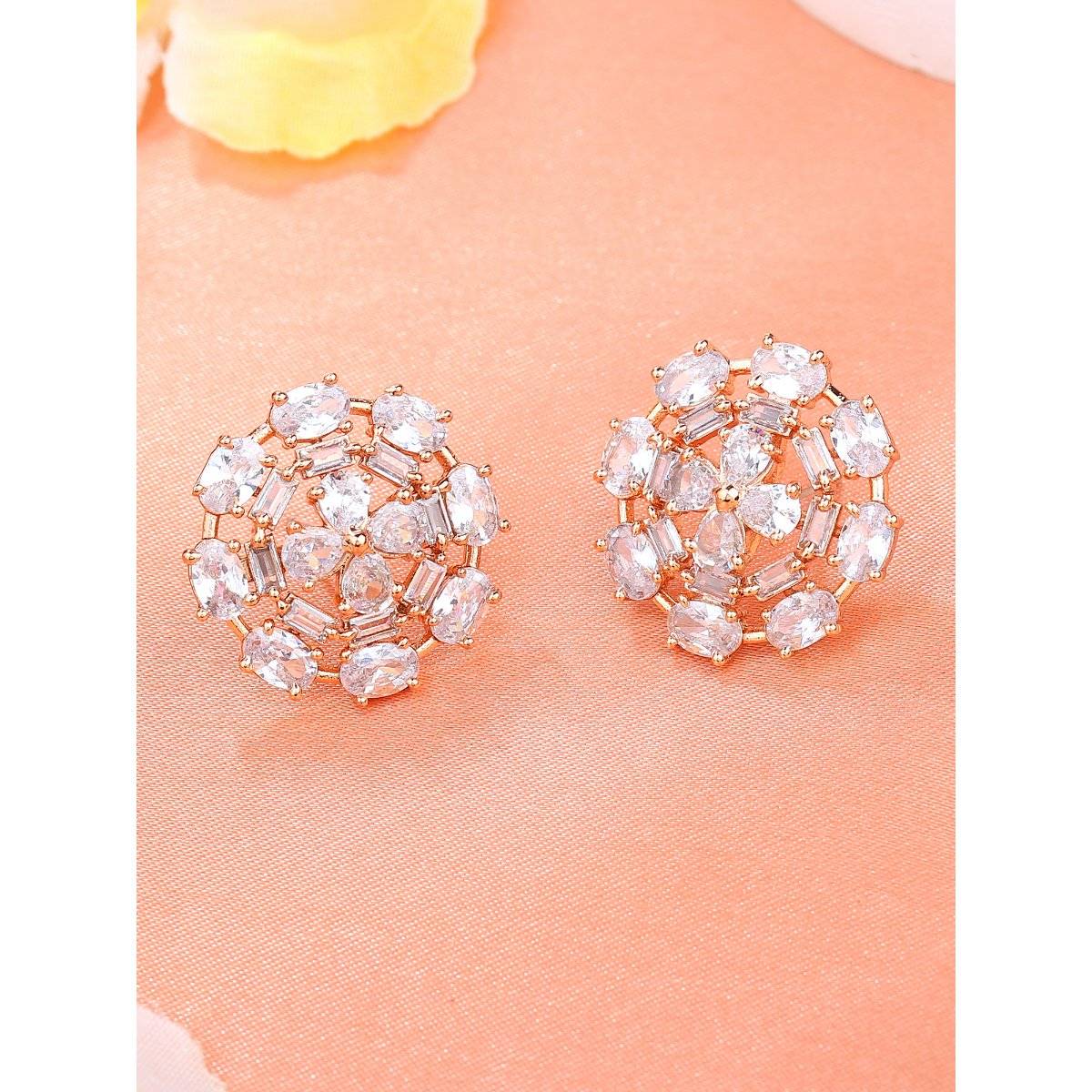 Estele Rose Gold Plated CZ Floret Designer Stud Earrings with White Stones For Girl & Women