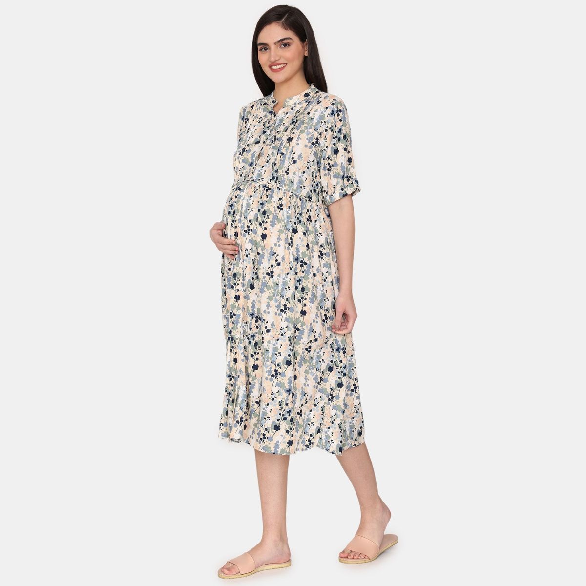 Zivame Coucou Maternity Printed Mid Length Nightdress Tapioca (Set of