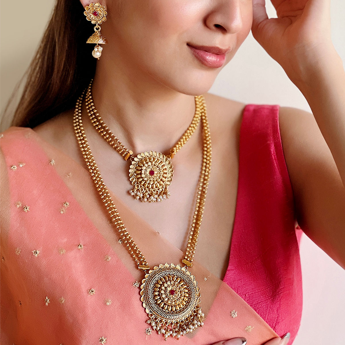 Gold Double Line Polki Long Necklace Set at Best Price in Jaipur | Kritika  Yash Gems