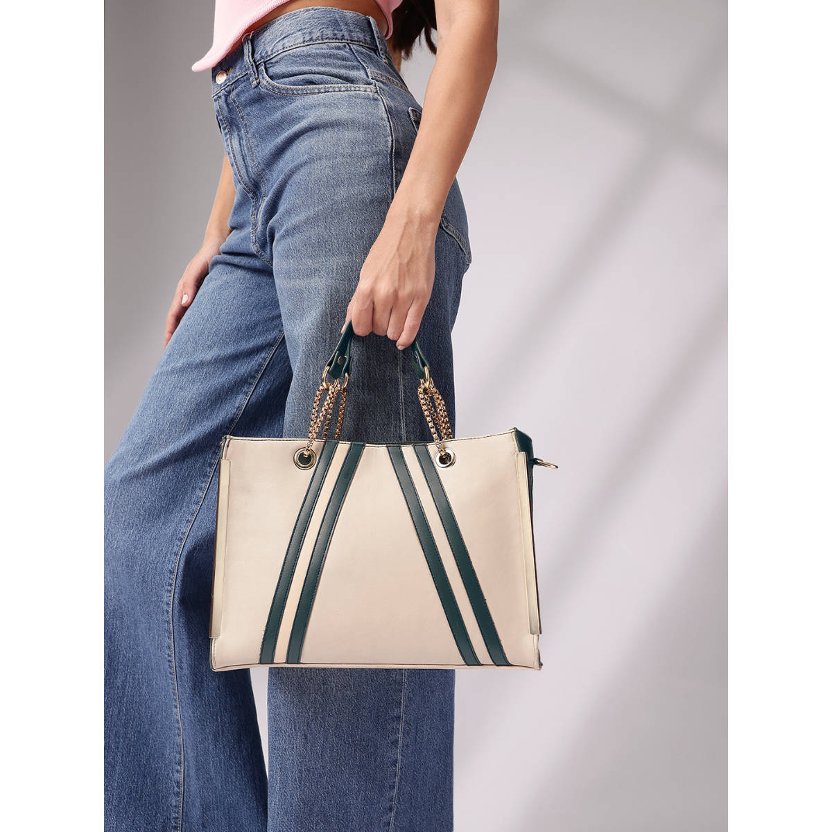 Fabbhue Women Beige Solid Handbag with Detachable Strap