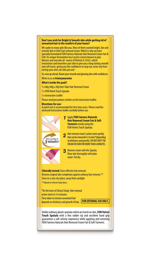 Fem Fairness Naturals Hair Removal Cream Fair and Soft Turmeric - Oily Skin  (40g + 50% Extra): Buy Fem Fairness Naturals Hair Removal Cream Fair and  Soft Turmeric - Oily Skin (40g +