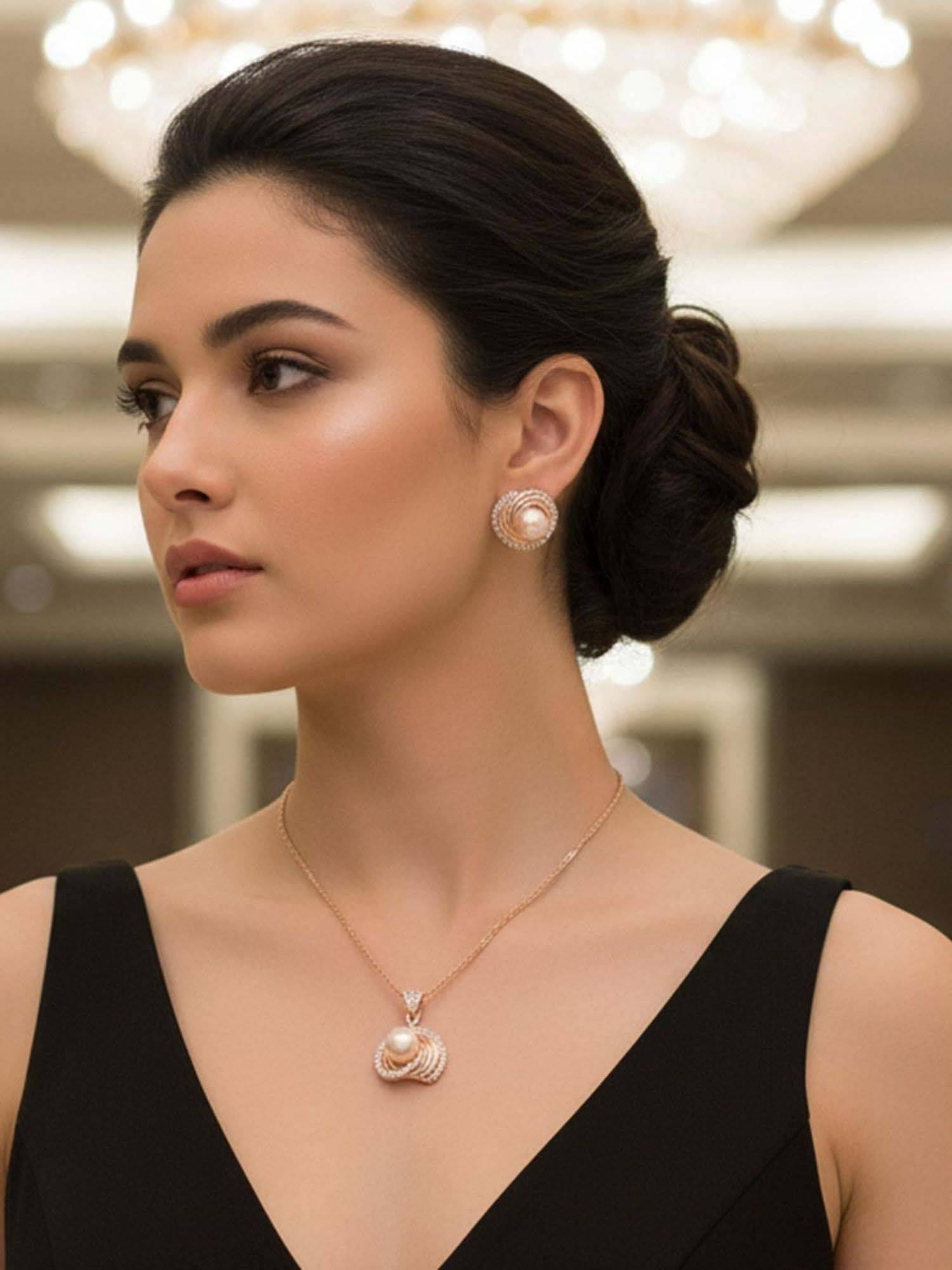 I Jewels Rose Gold Plated Cubic Zirconia Chain Pendant Necklace Jewellery Set