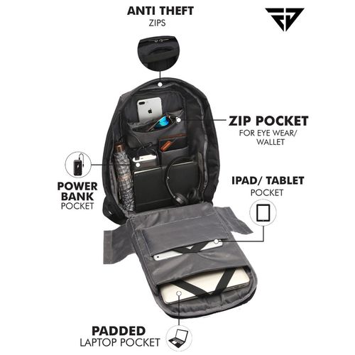FUR JADEN Black Anti Theft Backpack Water Resistant Laptop Bag with  USB Charging Port