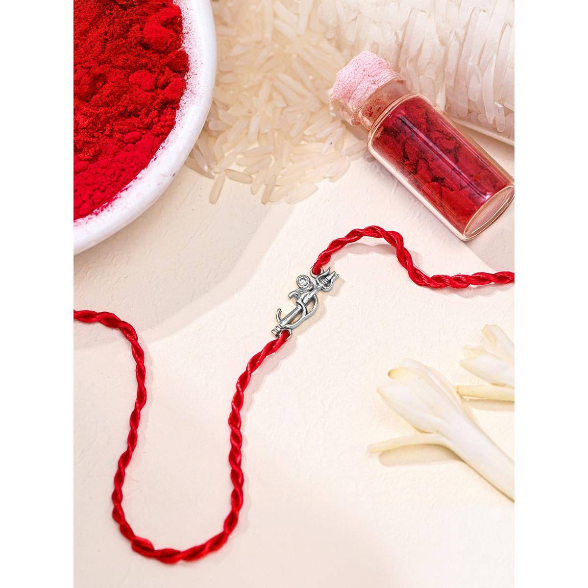 Zavya Divine Om & Trishul Charm Rakhi with Cubic Zirconia Rhodium-Plated Thread Rakhi