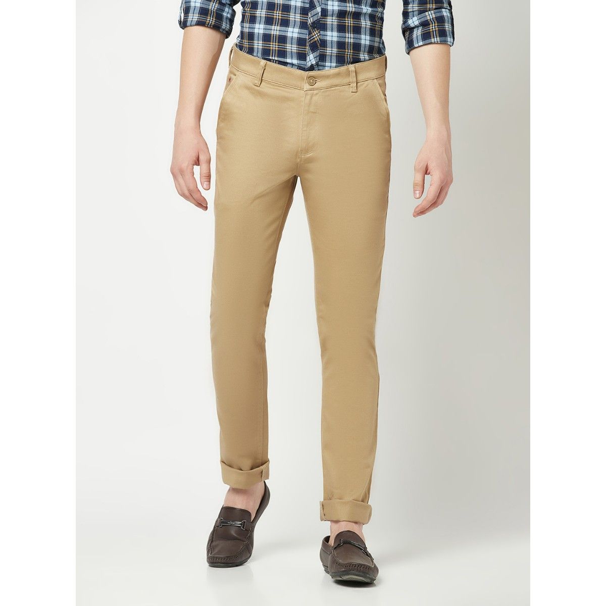 Buy CRIMSOUNE CLUB Mens Solid Brown Chinos Trousers online