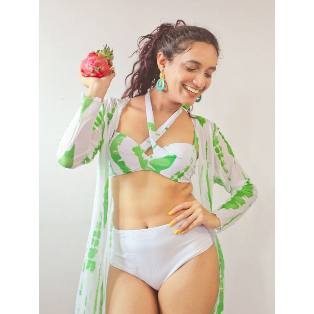 WomanLikeU Printed Lime Green 2 Piece Bikini and Mesh Coverup Set of 3 M