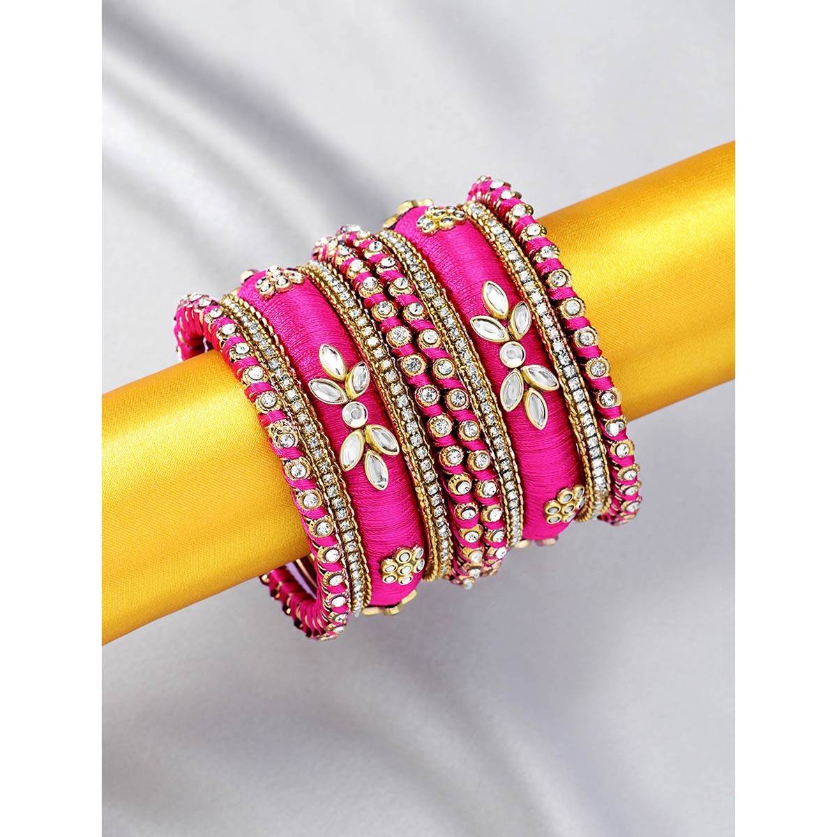Peora Silk Thread Rani Pink White Stone Studded Kundan Gold Plated Chuda Bangle Set