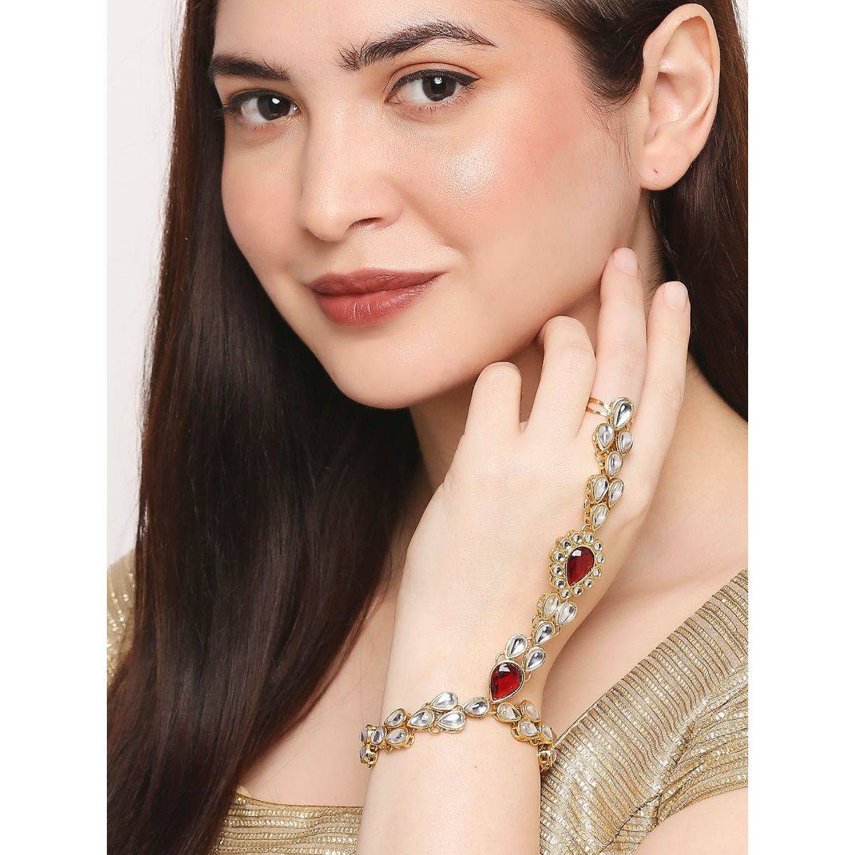 OOMPH Red Stones & Kundan Ethnic Statement Bracelet With Ring