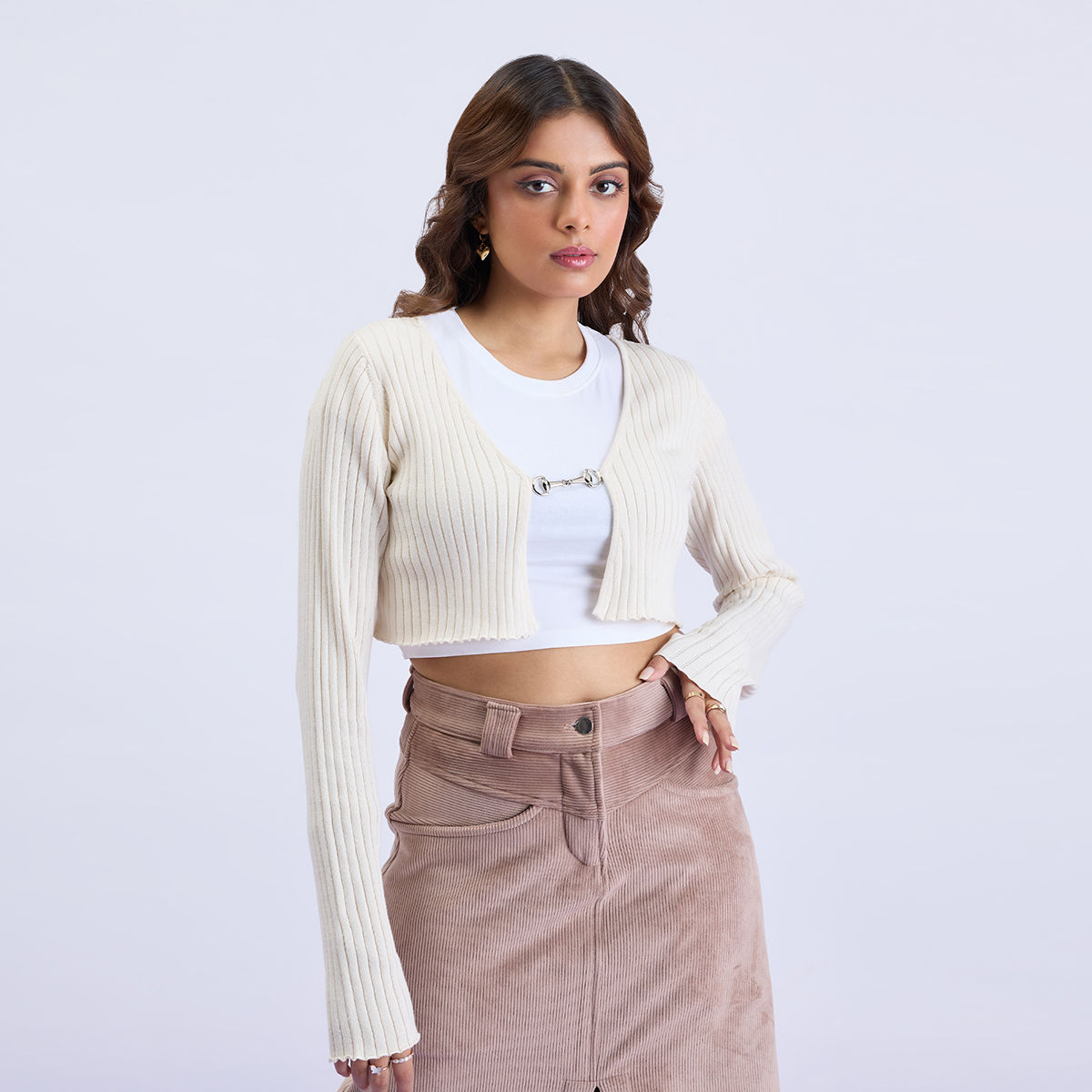Buy MIXT by Nykaa Fashion Beige Solid Ribbed Crop Cardigan Online