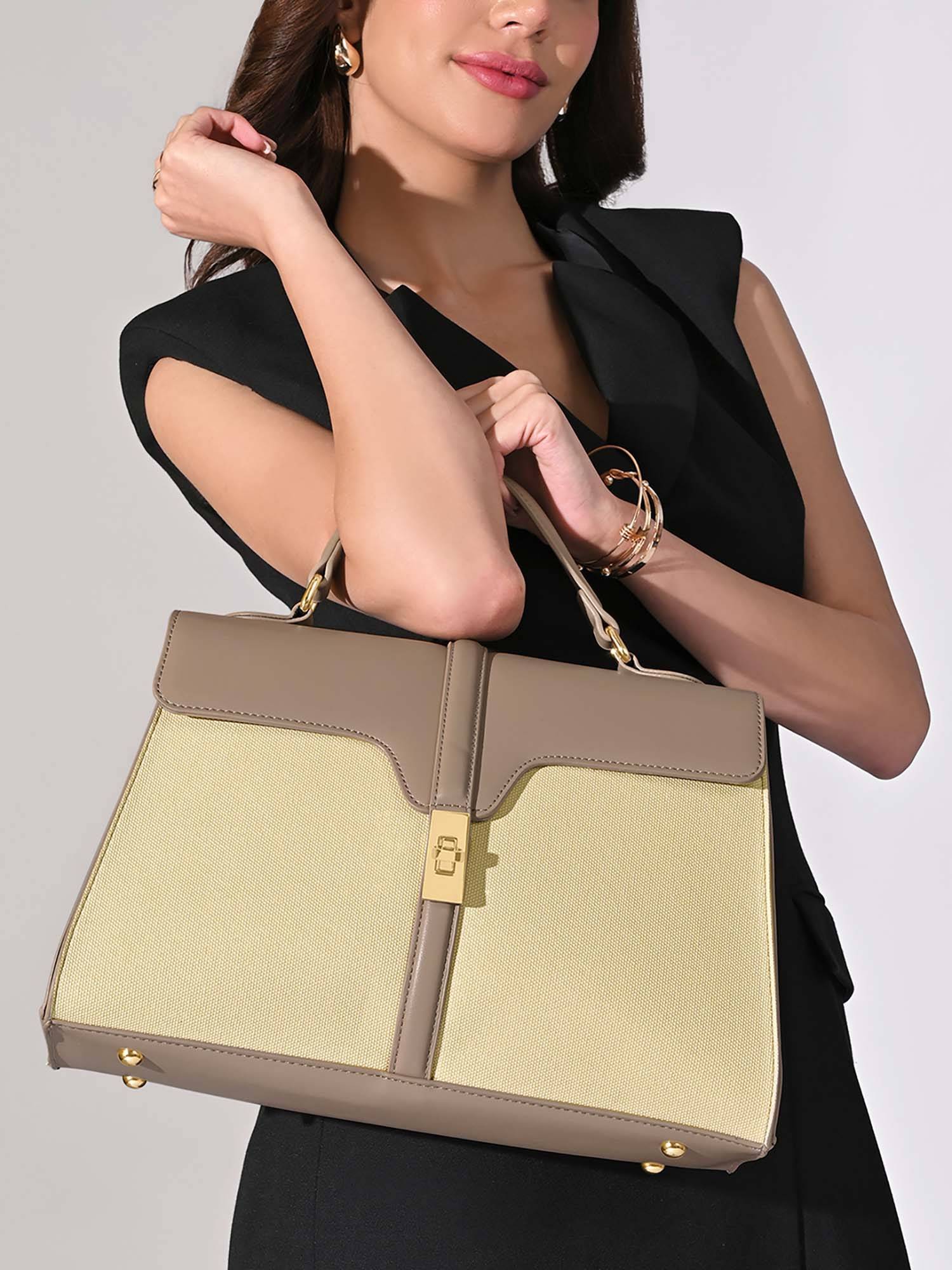 Lavie Signature Women's Ls Canva Flap Satchel Handbag (Beige) (M)