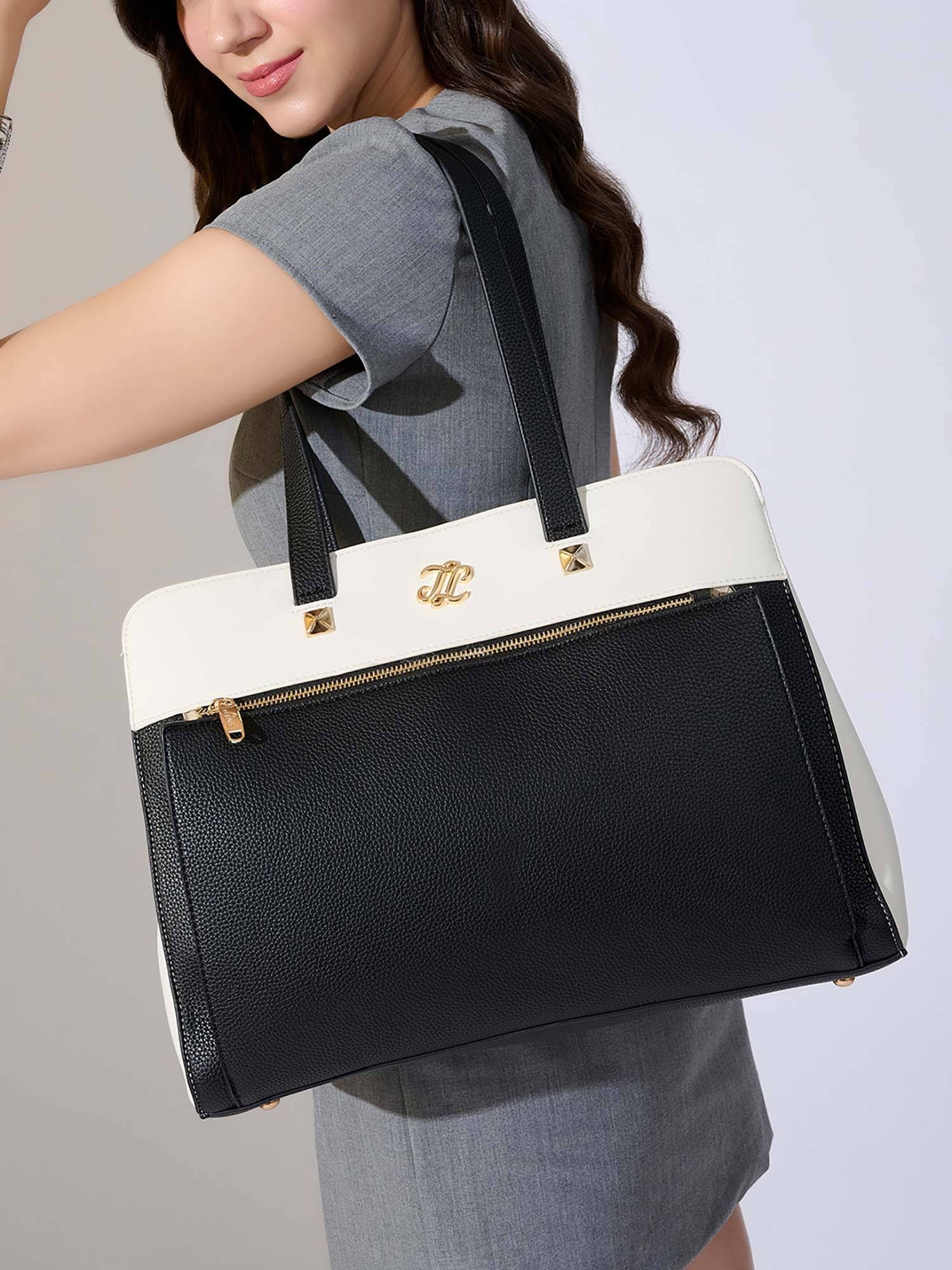Lavie Signature Black Synthetic Leather Colorblock Handbag