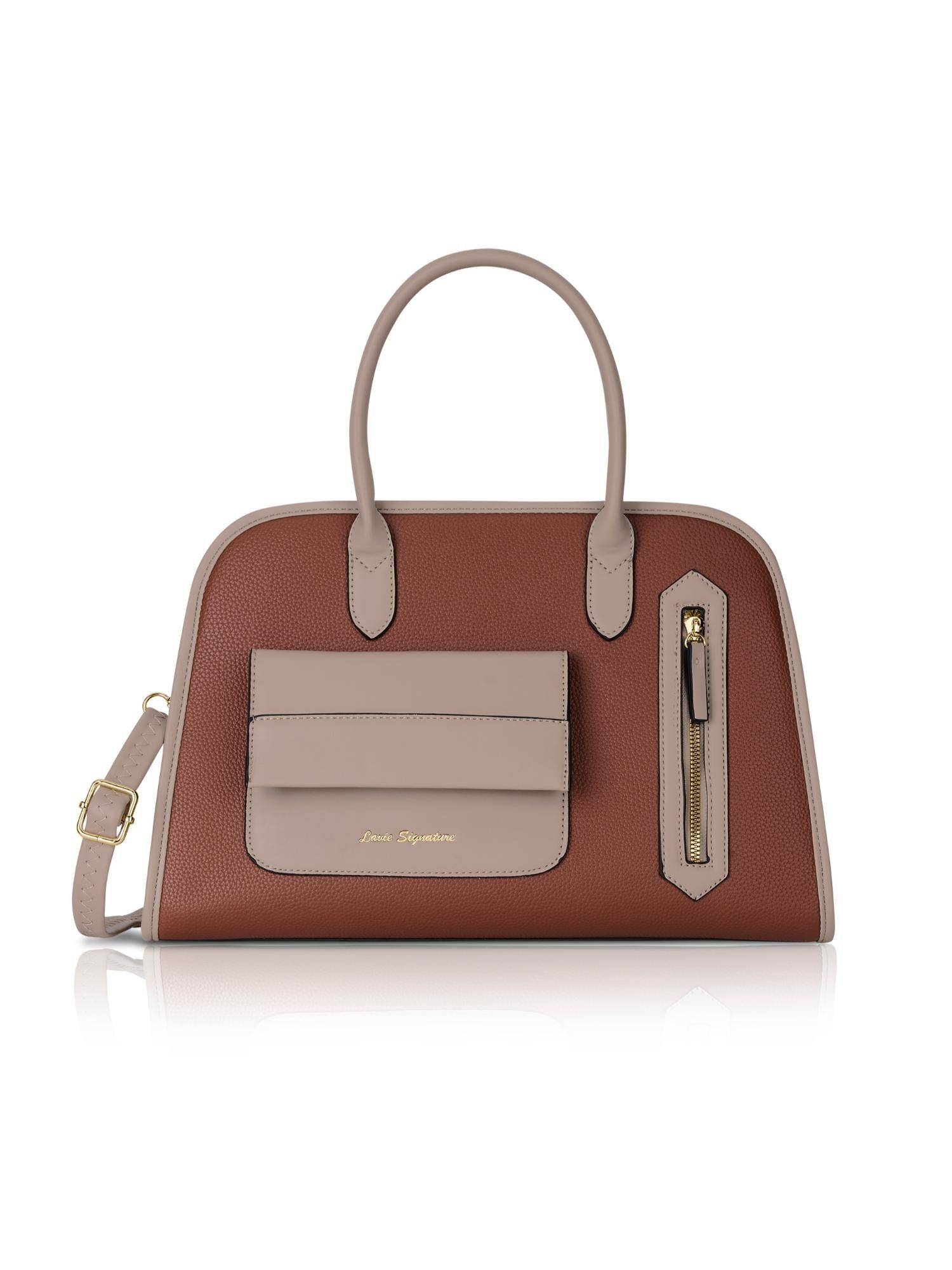 Lavie Signature Women Tan Satchel Bag with Detachable Strap (M)