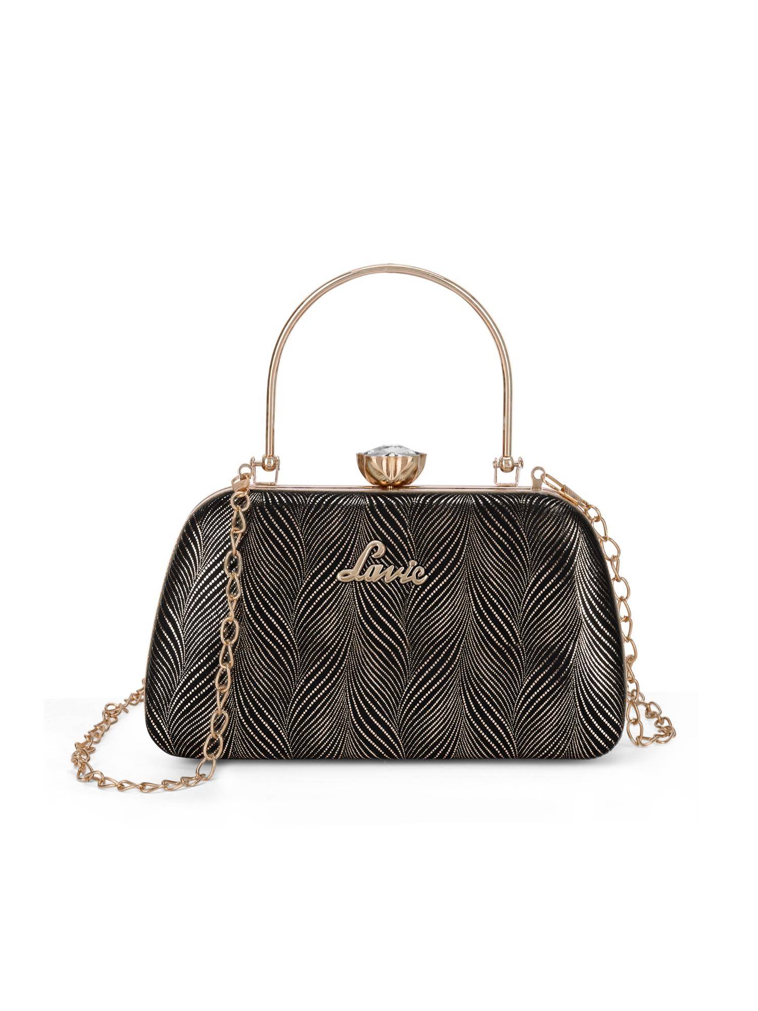 Lavie Womens Bling Handle Frame Clutch With Detachable Strap - Black Gold (S)