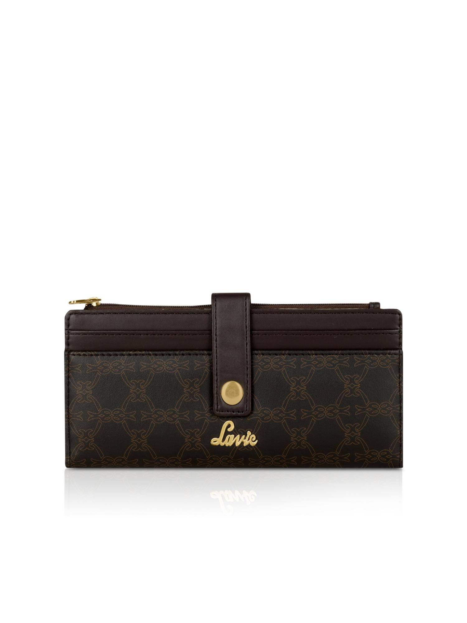 Lavie Women Dark Brown Monogram Printed Safiya Bi-Fold Zip Wallet (M)