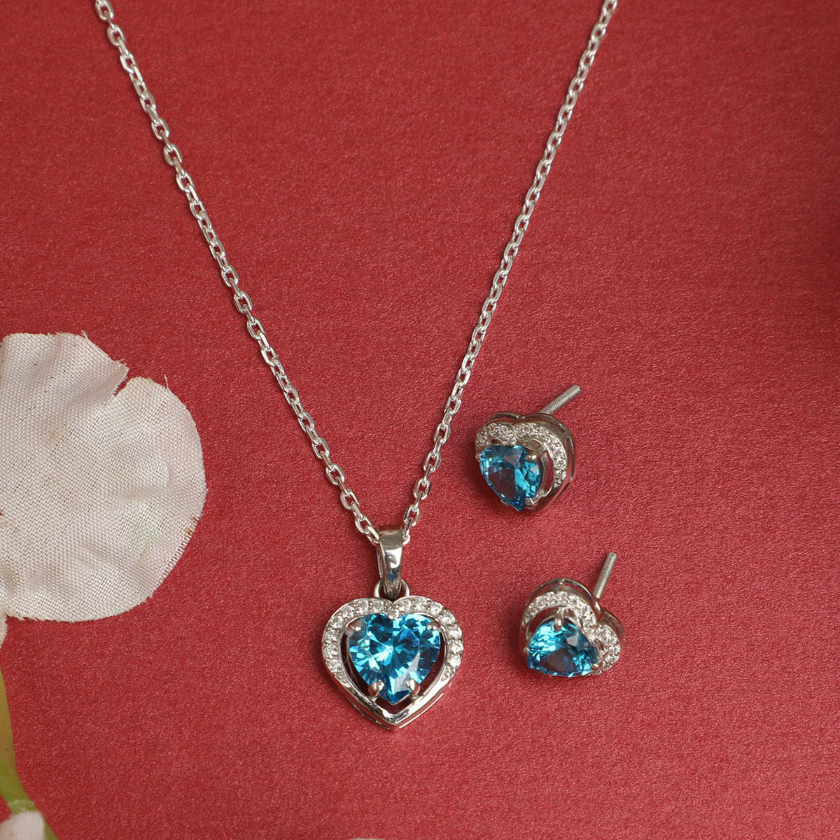 CLARA 925 Rhodium Plated Swiss Zirconia Sky Blue Heart Pendant Earring Chain Set