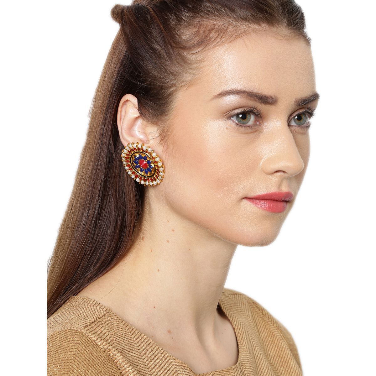 Zaveri Pearls Blue Stone Flower & Pearls Traditional Stud Earring