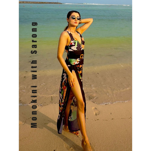 Buy WomanLikeU Black Tropical Monokini Swimsuit with Sarong (Set