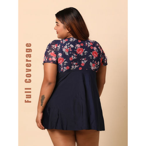 WomanLikeU Blue Plus Size Swim Dress with Bikini Bottoms (L)