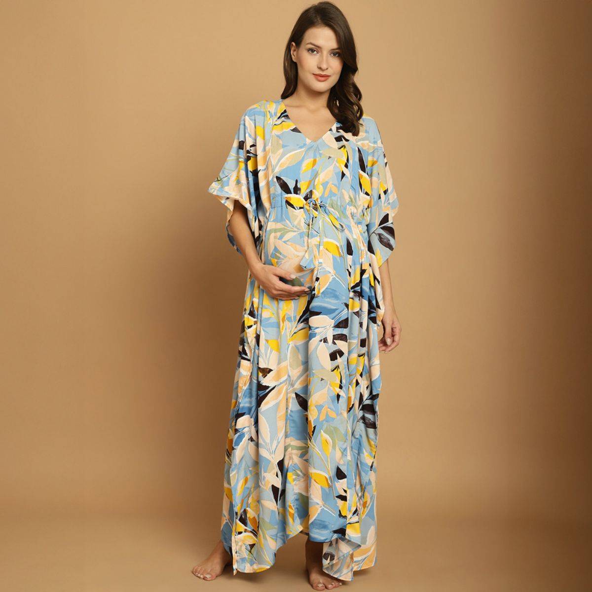 Secret Wish Sky Blue Floral Rayon Maternity Kaftan