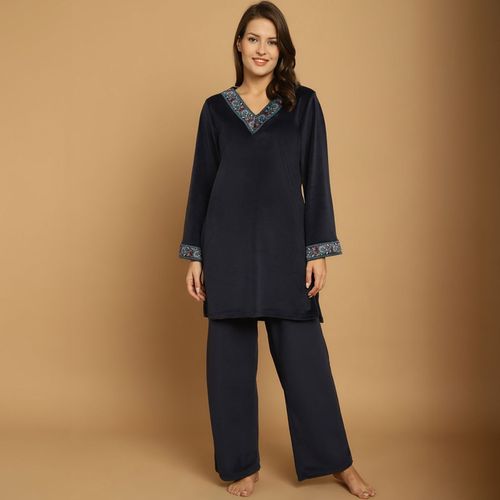 Buy Secret Wish Navy Blue Solid Velvet Winter Night Suit Online