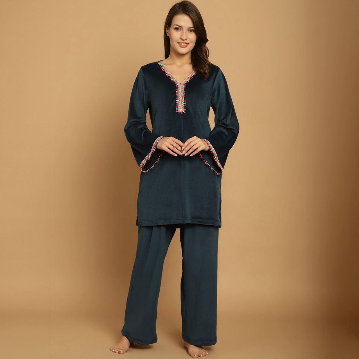 Buy Secret Wish Turquoise Solid Velvet Winter Night Suit Online