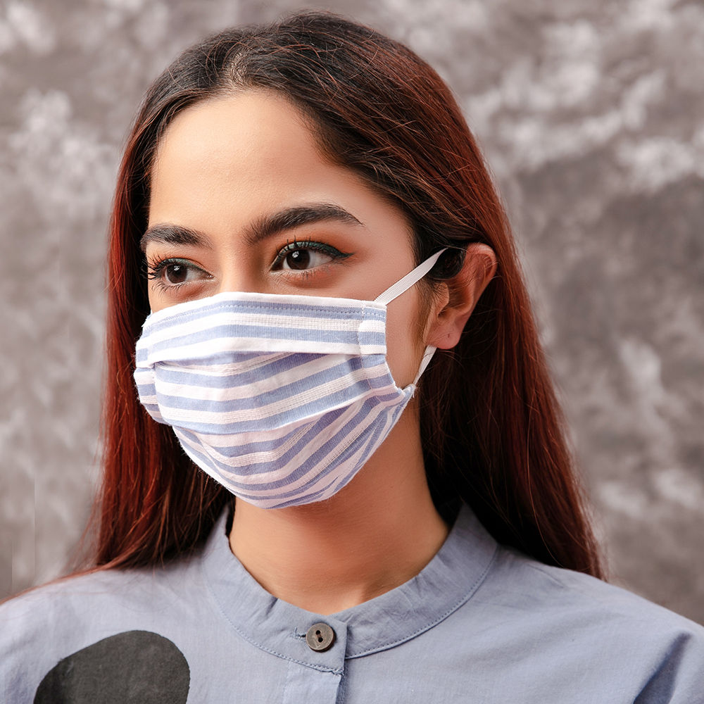 Twenty Dresses By Nykaa Fashion Blue Striped Yarn Dyed Reusable Face Mask ( Pack of 2 ) Buy