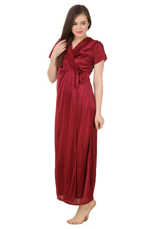 Buy Women's Satin Maroon Nightwear/Nightdress 4pc Set Nighty, Wrap Gown, Bra  & Thong SL059 D Online at Best Prices in India - JioMart.