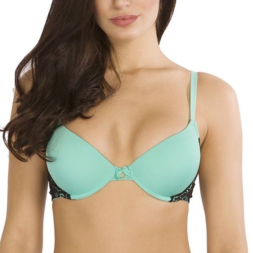 Candyskin Nylon Spandex Push Up Plain With Lace Band Bra (Teal-Black) 34A