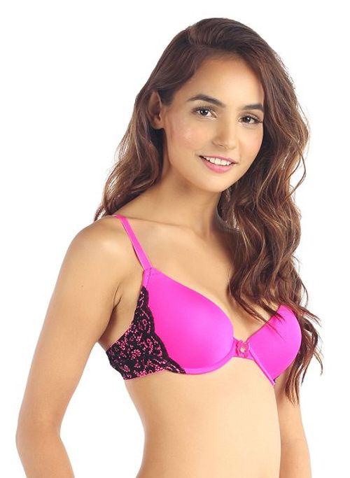 Buy Candyskin Nylon Spandex Push Up Plain With Lace Band Bra (Pink-Black)  34A Online