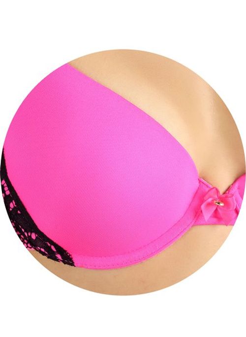 Candyskin Nylon Spandex Push Up Plain With Lace Band Bra (Pink-Black) 34A