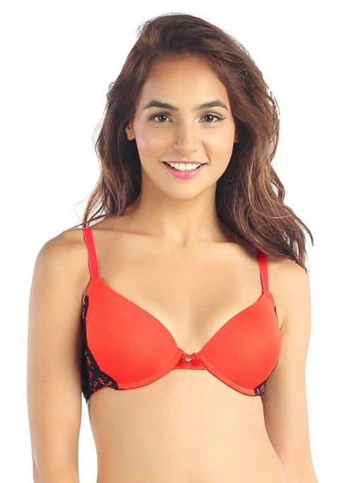Candyskin Nylon Spandex Push Up Plain With Lace Band Bra (Red-Black) 32A