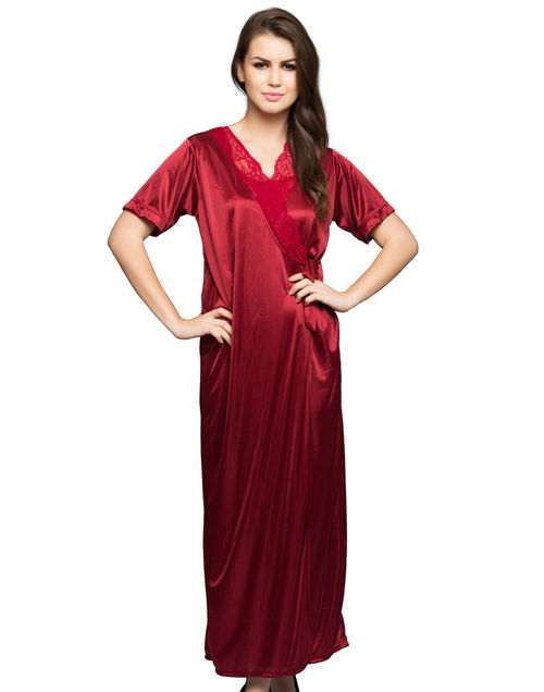 Buy 4 Piece set of Printed Short Nighty , Robe and Bra-Brief in Wine Online  India, Best Prices, COD - Clovia - NSC312P22