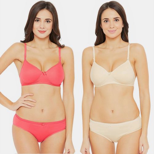 N-Gal Combo Set Of 2 Designer Pink Beige Non Padded Wirefree Lace Bra &  Thong Panty Set (32)