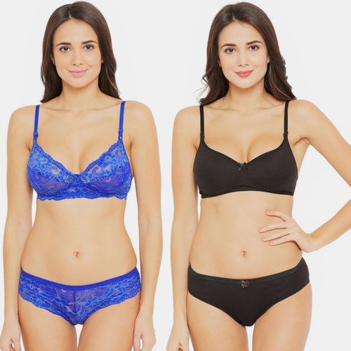 Buy N-Gal Combo Set Of 2 Non Padded Wirefree Blue Purple Push Up Lace Bra & Panty  Set Online